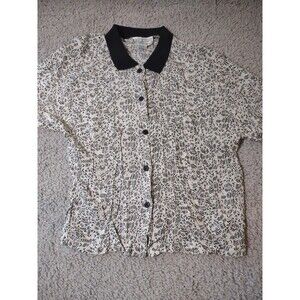 Vintage Gina Peters Women M Black White Shirt Blouse Button Collar 90's